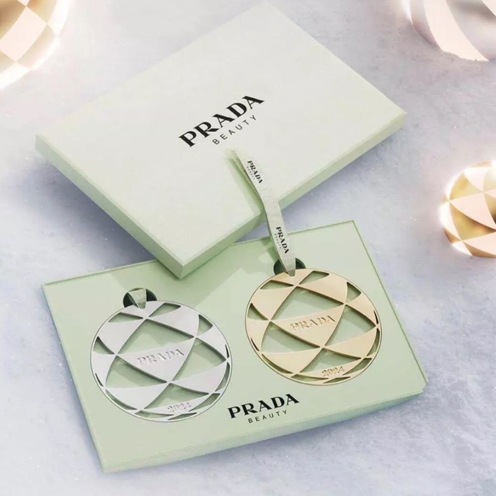 PRADA Silver Gold Decorative holiday ornaments box logo designer Christmas tree